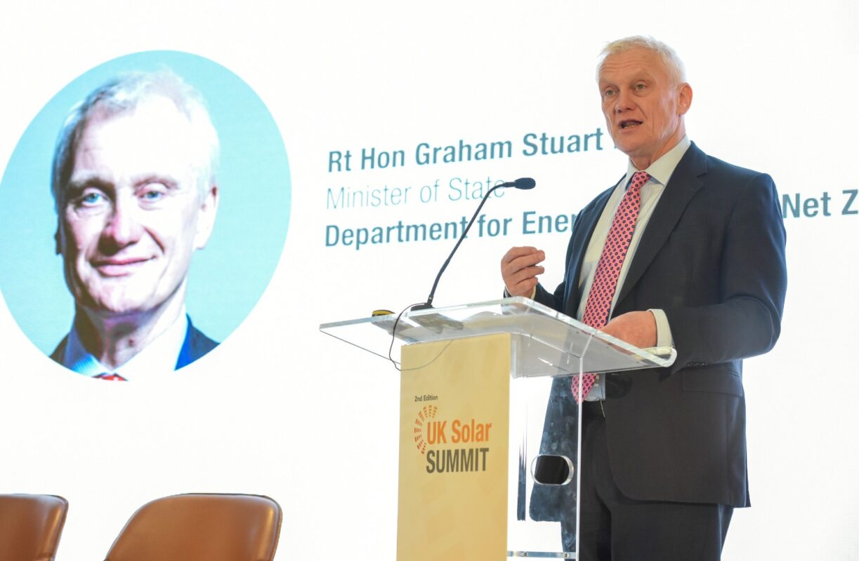 Energy minister Graham Stuart MP speaking at UK Solar Summit. Image: Solar Media