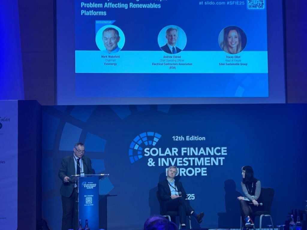 L-R Mark Wakeford, Andrew Eldred, and Tracey Elliot at the Solar Finance and Investment Europe conference 2025.