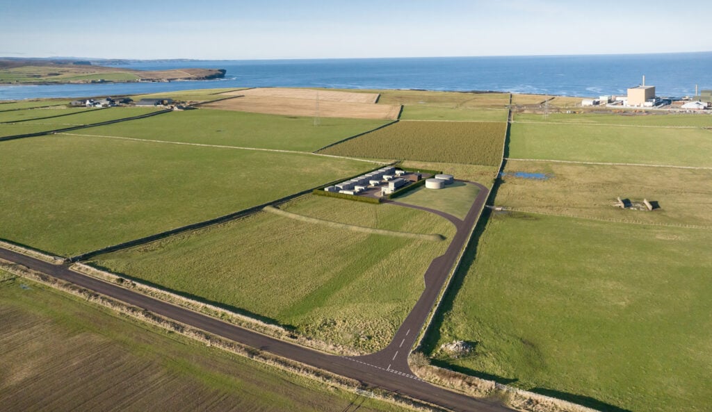 a 3d render of the Dounreay BESS project, surrounded by green fields and a view of the sea
