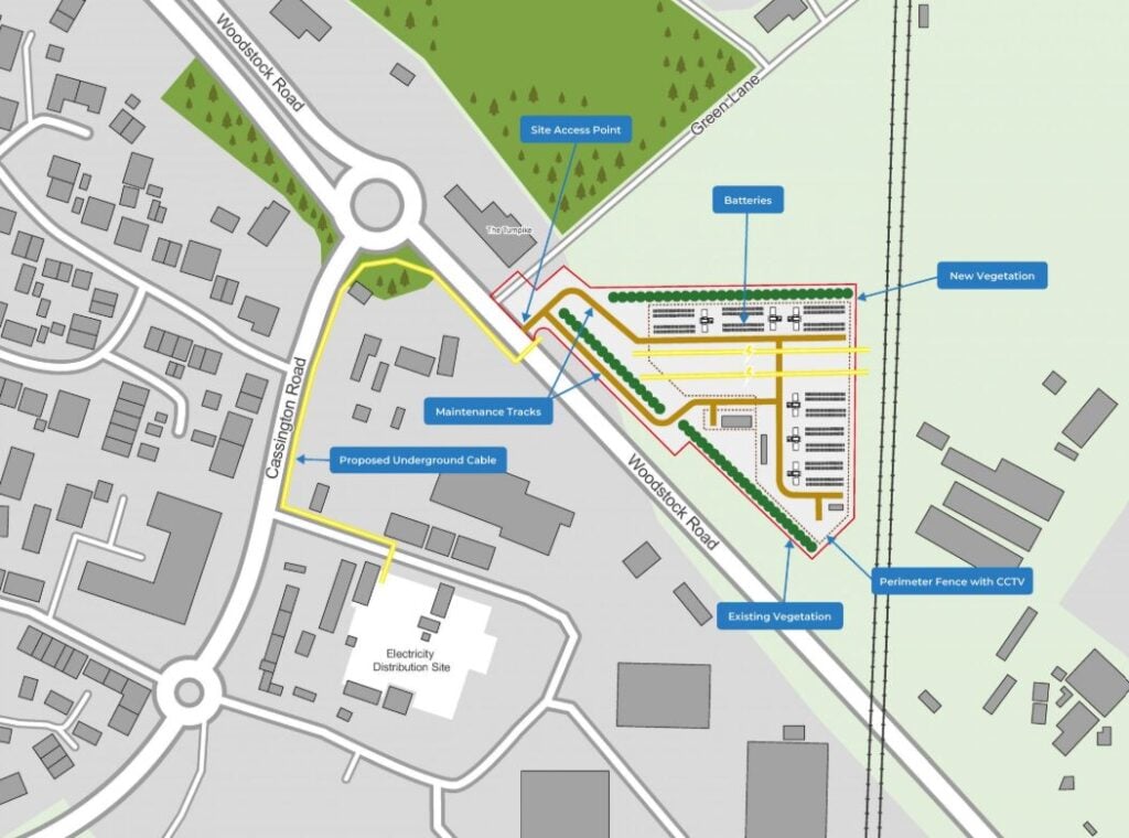 A map of the now-consented Yarnton BESS site.