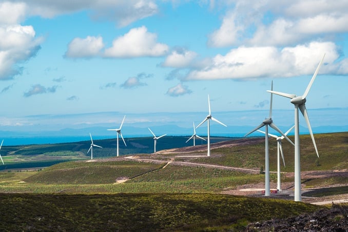 onshore wind turbines in a field