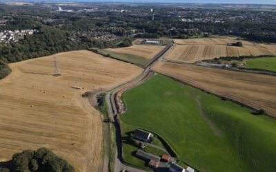 an aerial view of rolling fields