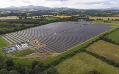 A solar farm viewed from above, surrounded by farmland