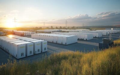 A large battery energy storage system with a setting sun behind it.