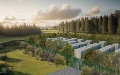 A 3D render of BESS units surrounded by trees and fields