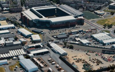 an overhead view of a stadium and land surrounding it