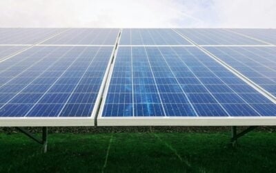 A close up of ground mounted solar panels with light blue sky above and dark green grass below