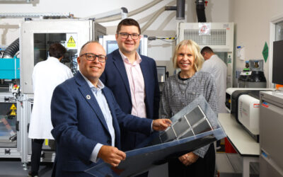 Neil Spann, Power Roll CEO (left) with Dr Michael Dickens, investment manager at Maven Equity Finance (centre) and Sarah Newbould, senior manager at British Business Bank (right). Image: Power Roll.