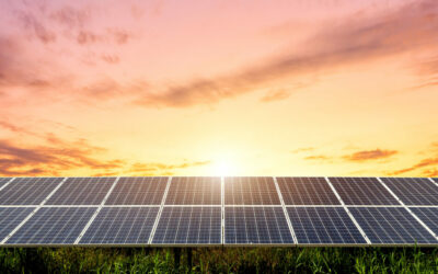 Solar panel on dramatic sunset sky background, Alternative energy concept