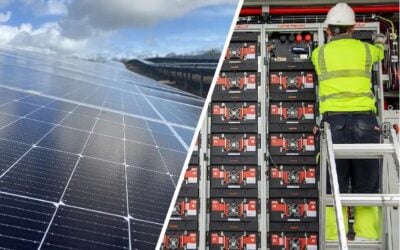 an image split between a close up of solar panels and a person working on a BESS asset