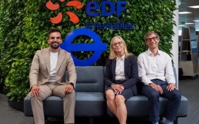 The PPA covers 20% of Longfield Solar Farm's output. Image shows Mete Coban MBE, deputy mayor for environment and energy, Lilli Matson, TfL’s chief safety, health and environment officer, and CEO of EDF Renewables, Matthieu Hue. Image: EDF Renewables UK.