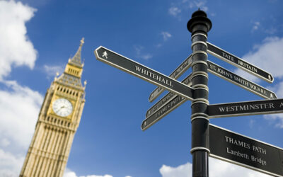 Road signs in London, with clock tower in background.