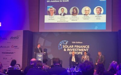 L-R: Chris Hewett, Ben Fawcett, Remy Gillet, and Mark Waterford and Solar Finance and Investment Europe.
