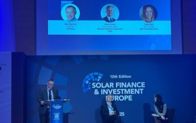 L-R Mark Wakeford, Andrew Eldred, and Tracey Elliot at the Solar Finance and Investment Europe conference 2025.