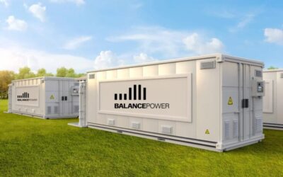 a 3D render of a bess container with the balance power logo on the side