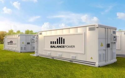 A 3d render of BESS units with the balance power logo.