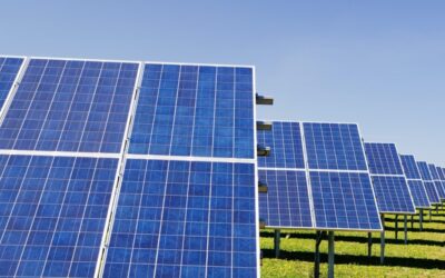 A solar farm with bright green grass under a light blue sky