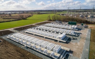 A battery storage site next to a green field on the left. Cloudy skies and concrete ground