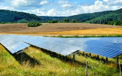 solar panels spread across a hillside under rolling hills and bright blue skies with puffs of white cloud