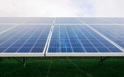 A close up of solar panels, shot from a low angle and sloping away from the camera