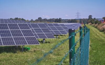 solar panels in a lush green field behind a wire fence with a green fence post