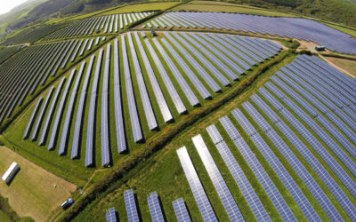 Aerial photo of Recurrent Energy's Pantymoch solar farm in Port Talbot, Wales, UK.