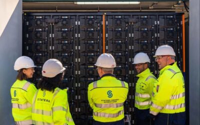 staff in high vis vests examine a BESS unit