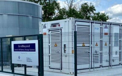 BESS units behind a metal fence with a sign bearing the Triodos and GridBeyond logos